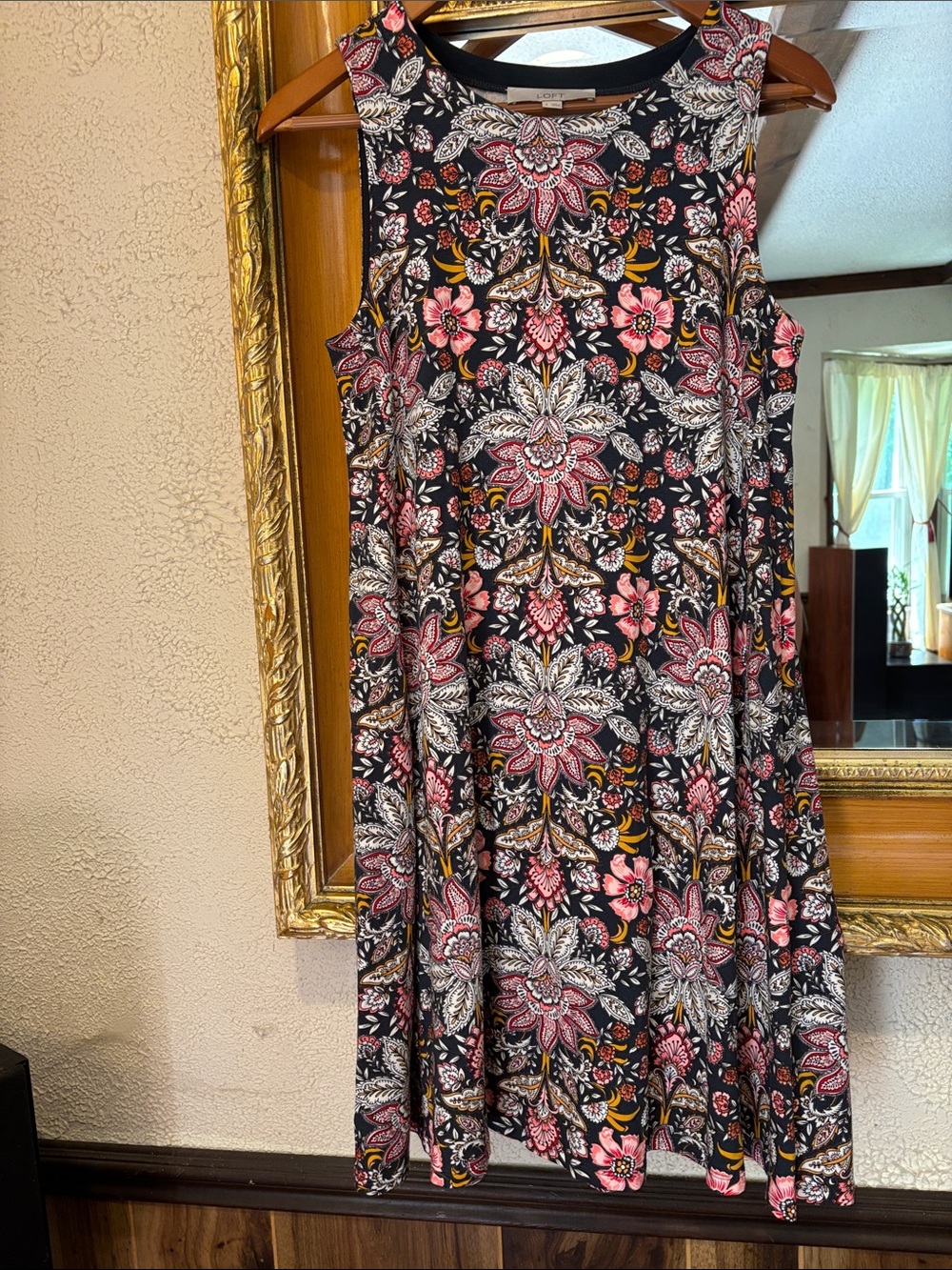 Loft Gray & Pink Floral Swing Dress - Size S